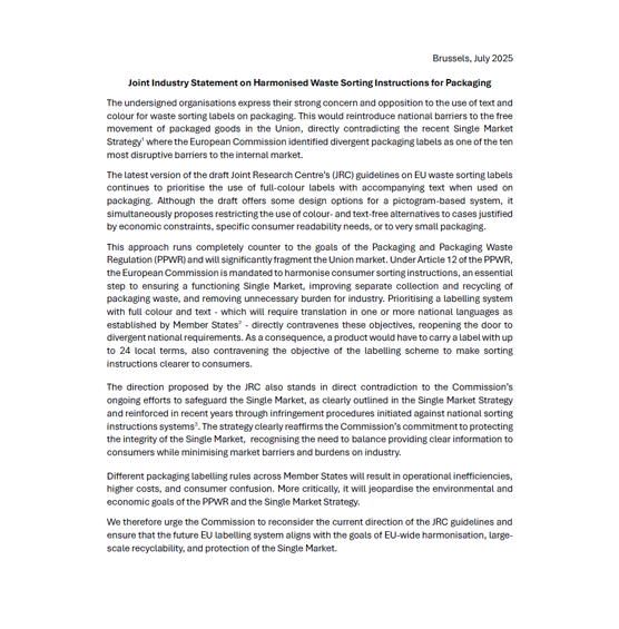 JOINT INDUSTRY STATEMENT ON HARMONISED WASTE SORTING INSTRUCTIONS FOR PACKAGING